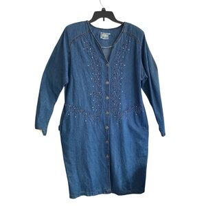 Vintage MONIQUE FASHIONS Denim Button Up Dress Embellished Hidden Pockets